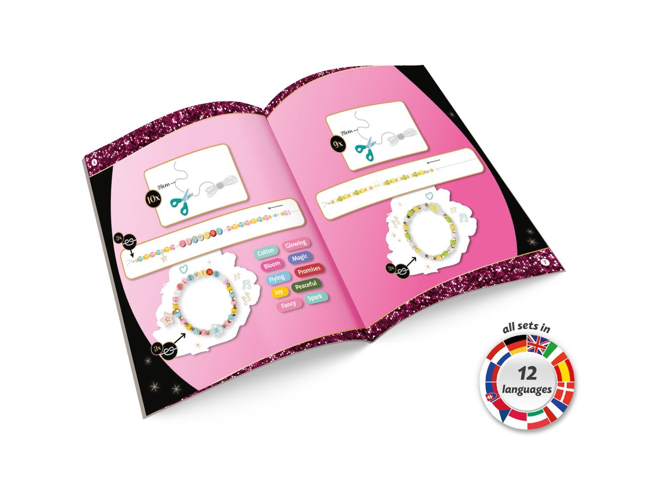 Open instruction booklet showing how to make beaded bracelets, with examples and a list of bead names.