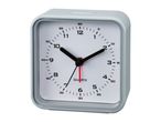 A simple, square analog alarm clock with a gray case and white face.