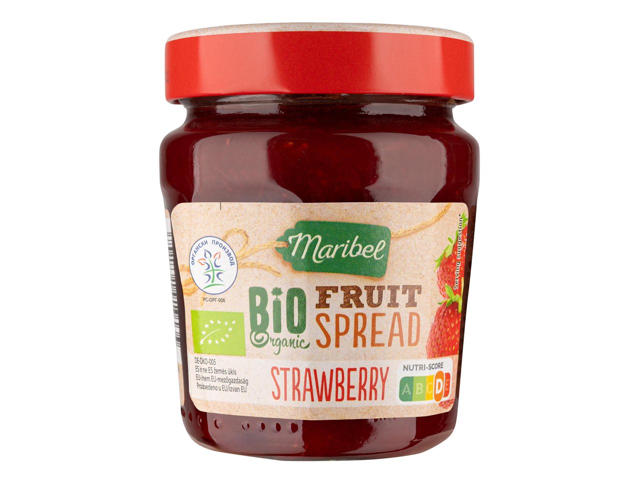 Maribel Bio Organic eper gyümölcskrém üvegben, Nutri-Score D jelöléssel.