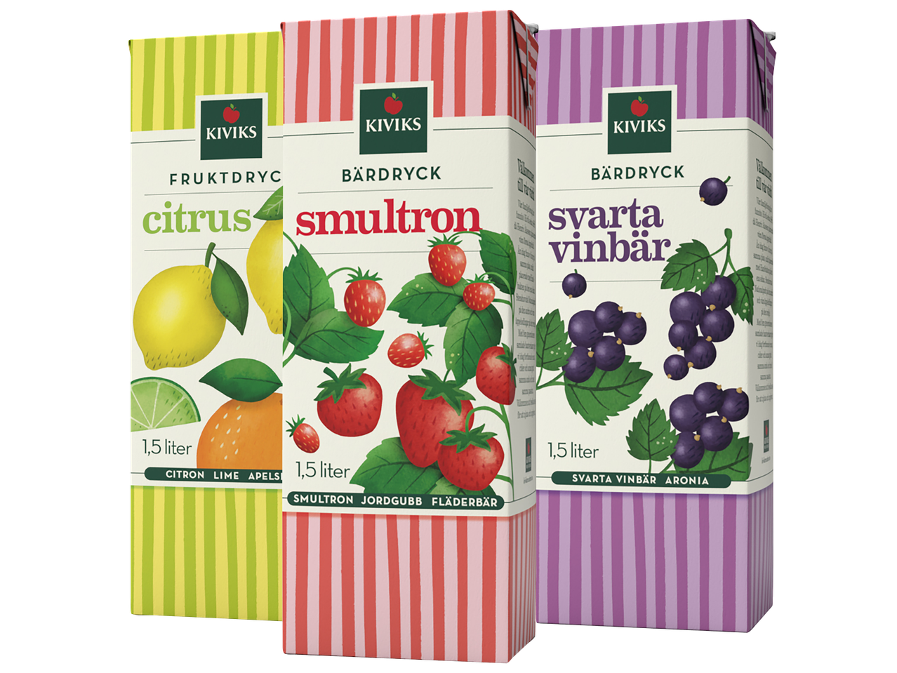 Kivíks frukt- och bärdrycker: citrus, jordgubbar och svarta vinbär.