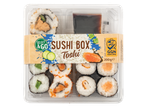 Sušių dėžutė „Toshi“ su įvairiais sušių ritinėliais, sojos padažu ir 200g svoriu.