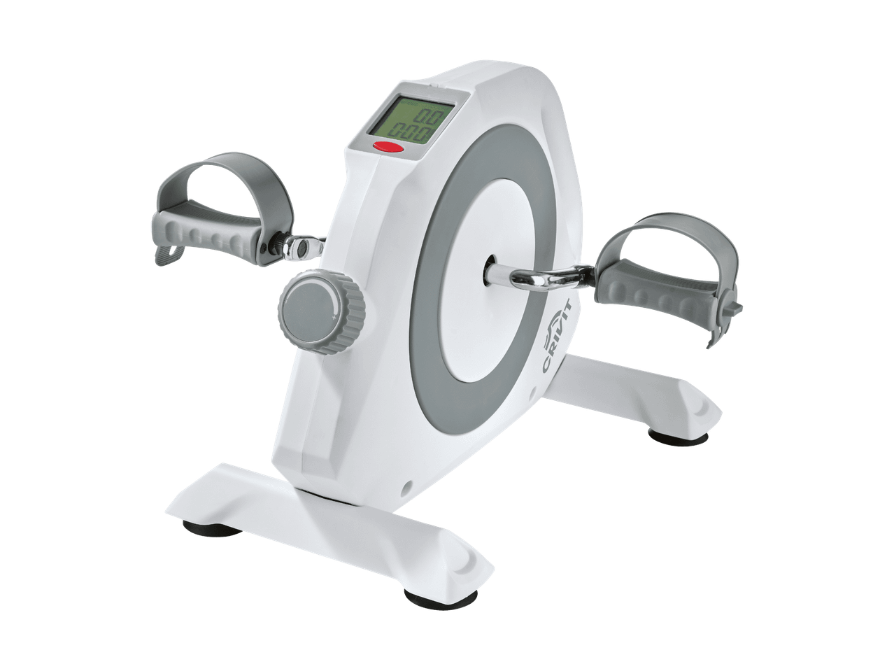 Weiß-grauer Mini-Heimtrainer mit Digitalanzeige und Pedalen.