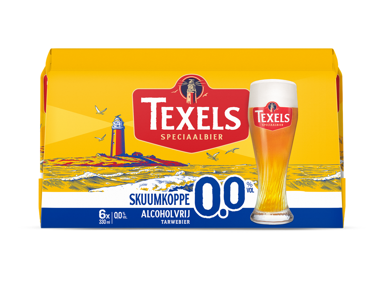 Verpakking van zes alcoholvrije tarwebieren met een vuurtoren en golven, en een glas bier.