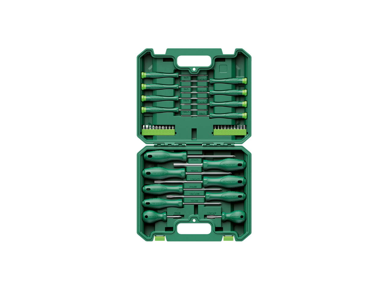 Conjunto de chaves de fenda Parkside® com vários tamanhos e pontas numa caixa verde.