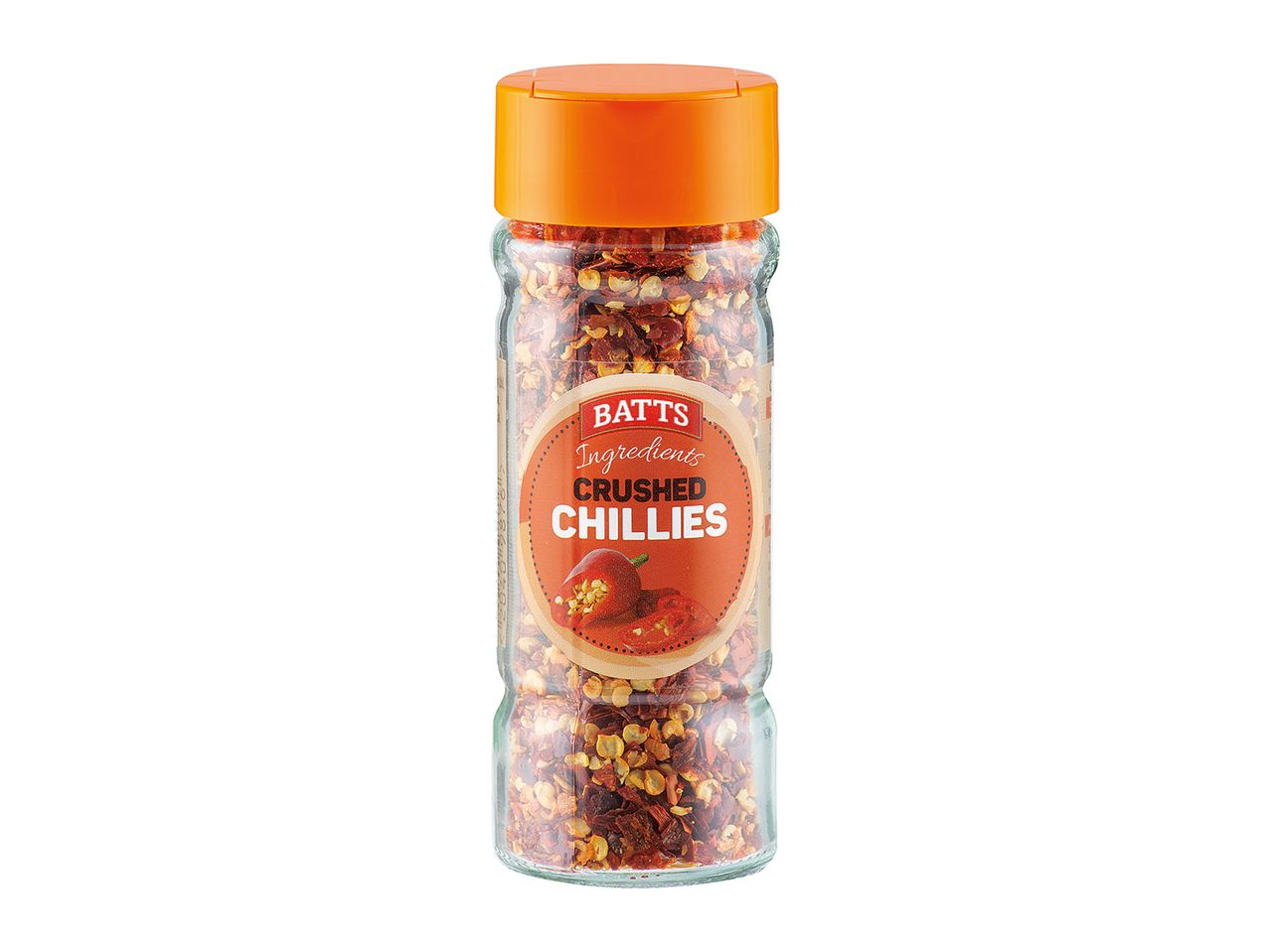 Batts crushed chillies in a glass jar.