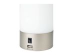 A brushed nickel table lamp with a USB charging port and on/off switch.