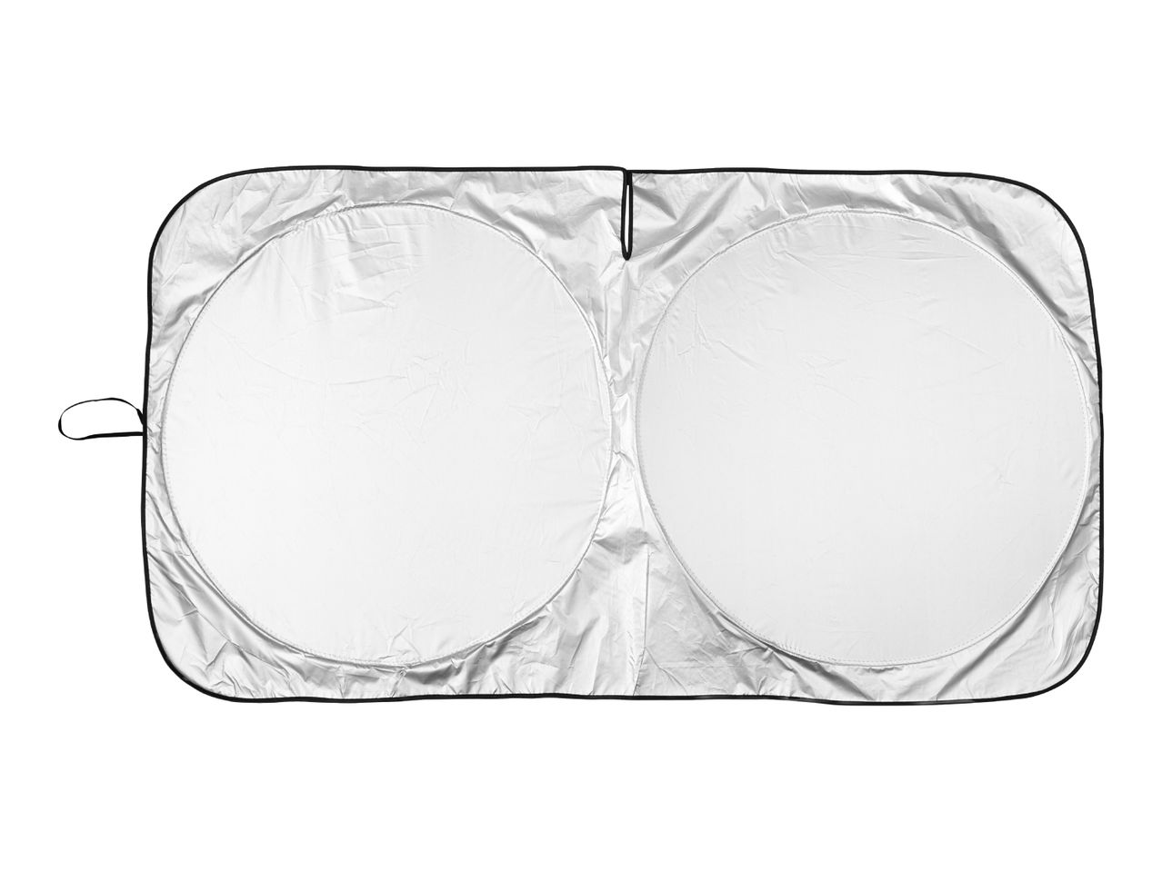 Car sunshade with two circular reflective panels, isolated on a white background.
