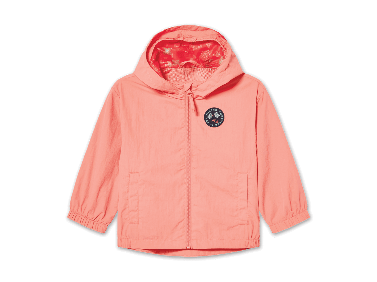 Lachsfarbene Kinderjacke mit Kapuze und Reißverschluss.