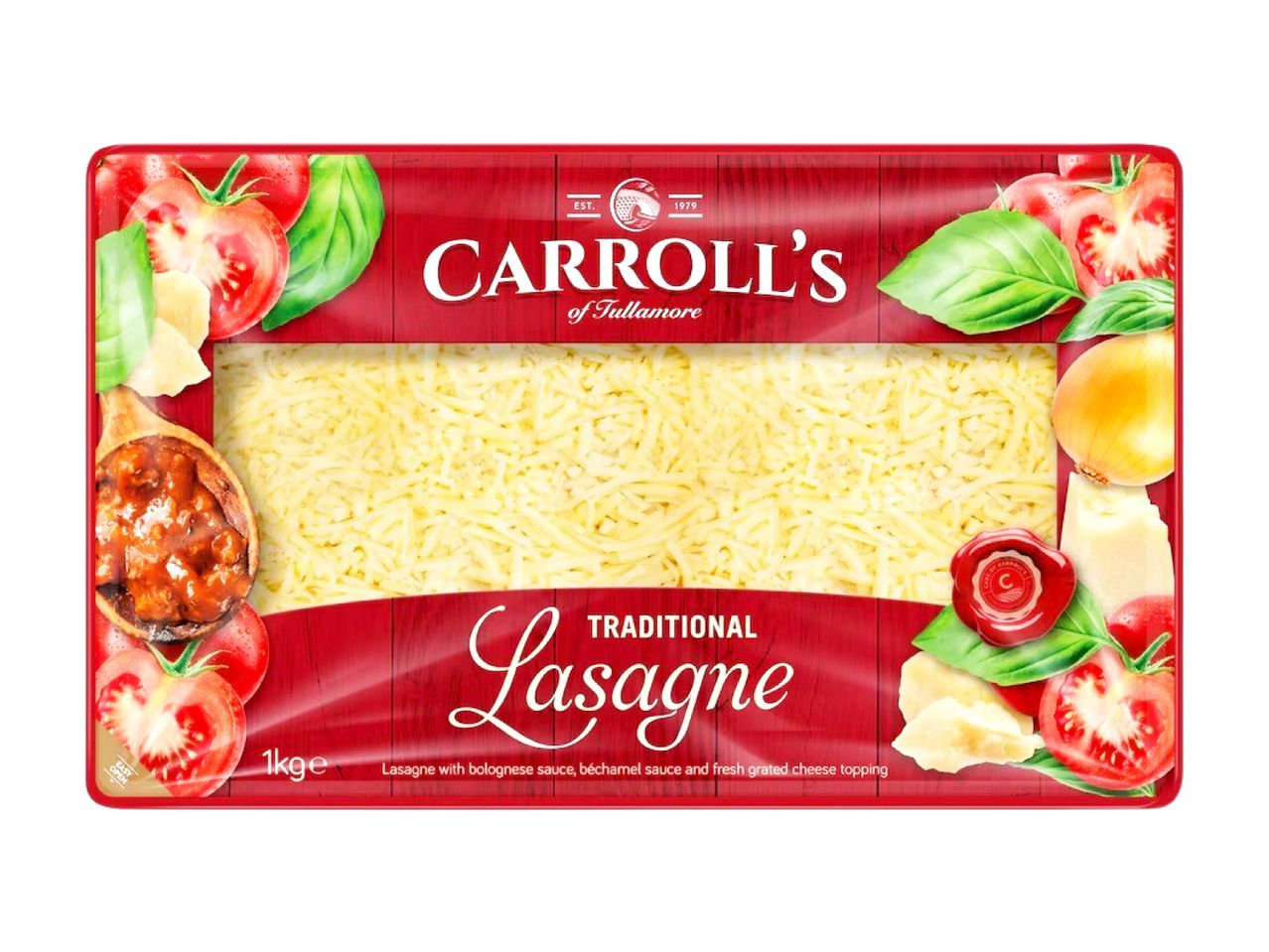 Carroll's Traditional Lasagne: grated cheese, bolognese & béchamel sauces.
