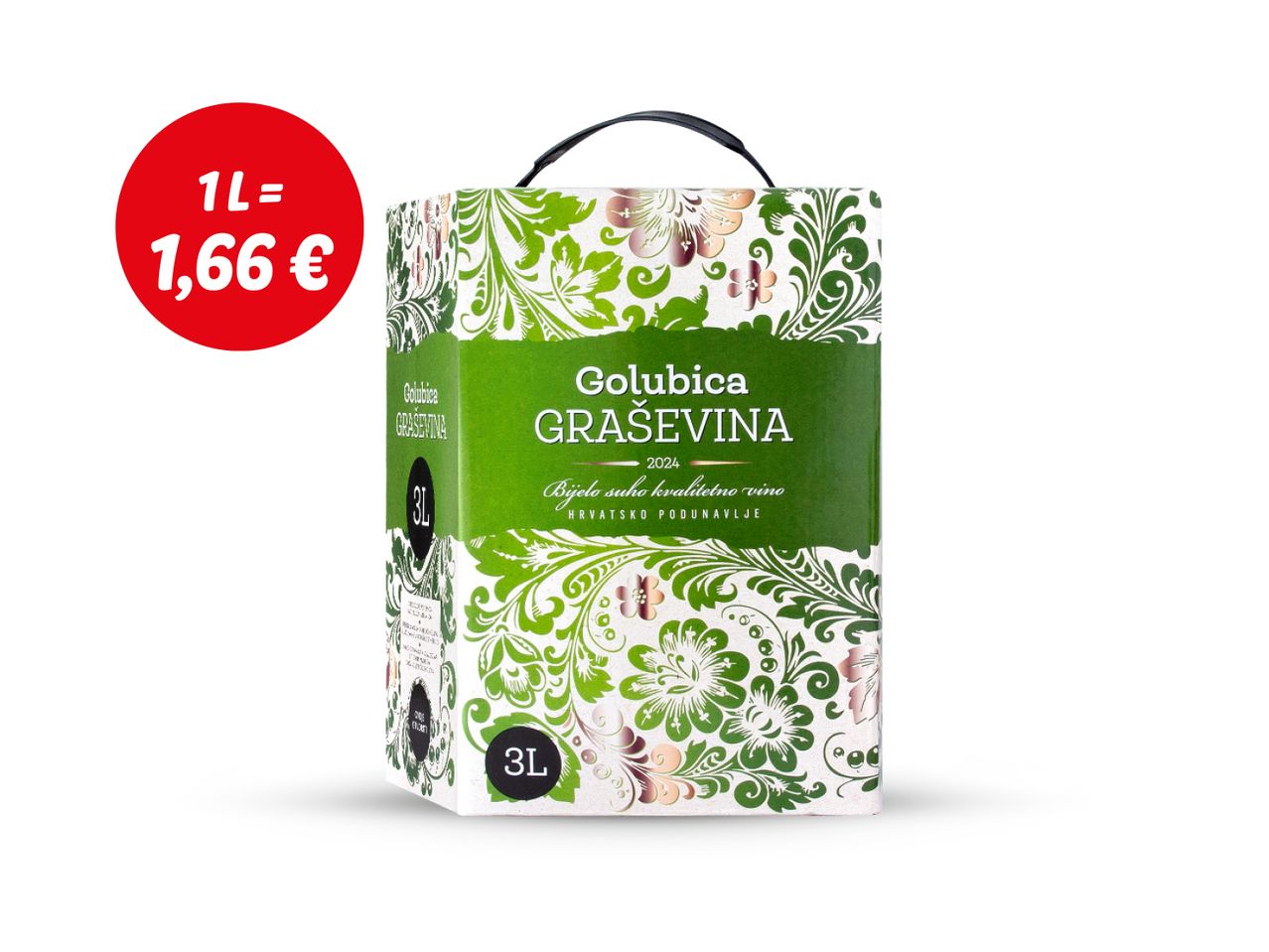 Kutija vina Golubica Graševina s oznakom cijene po litri.