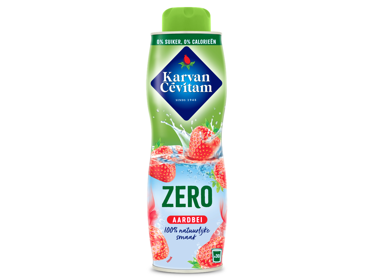 Karvan Cévitam Zero Aardbei siroop, 0% suiker en calorieën, met 100% natuurlijke smaak.