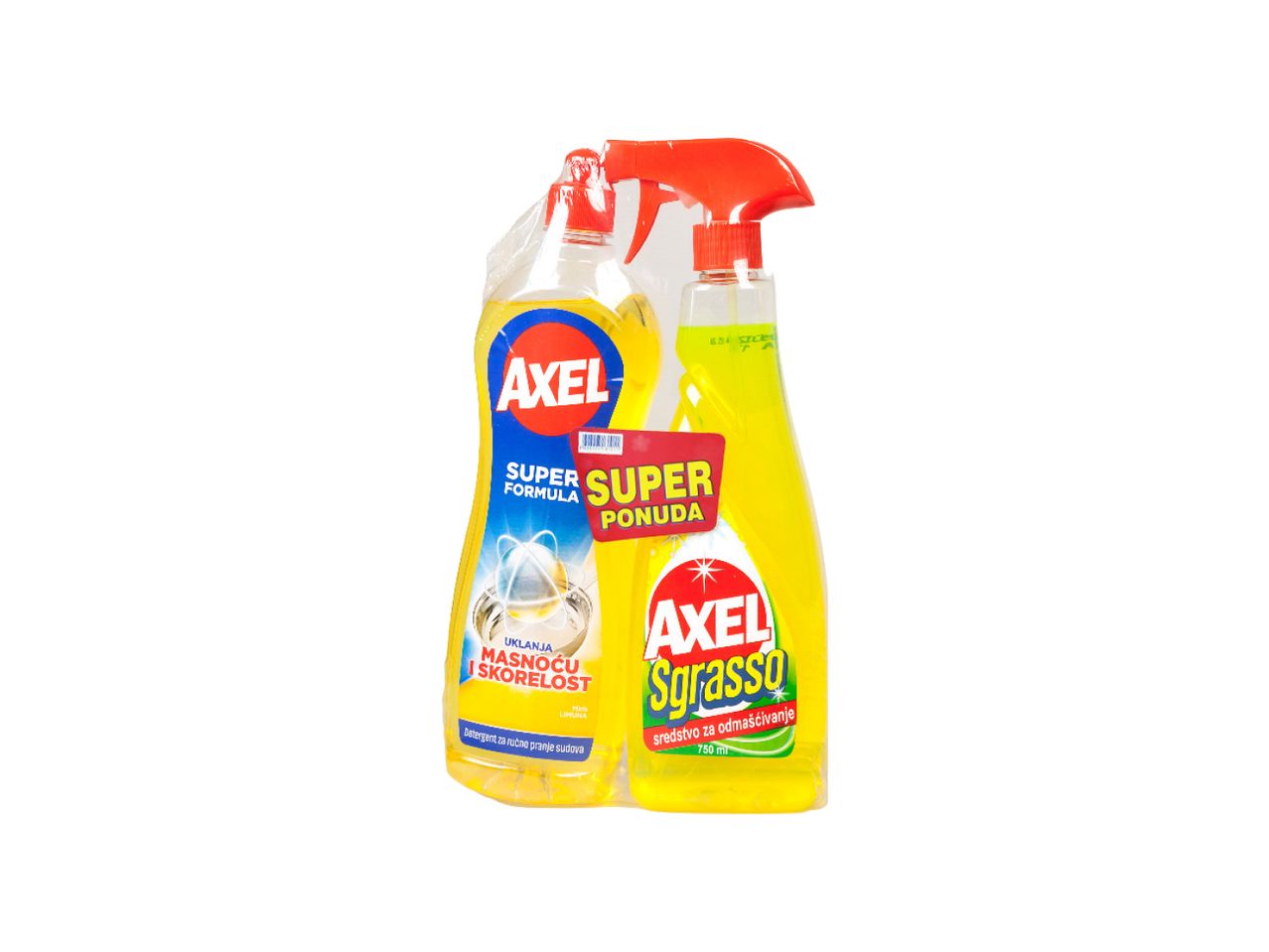 Paket Axel deterdženata za pranje sudova i sredstva za odmašćivanje.