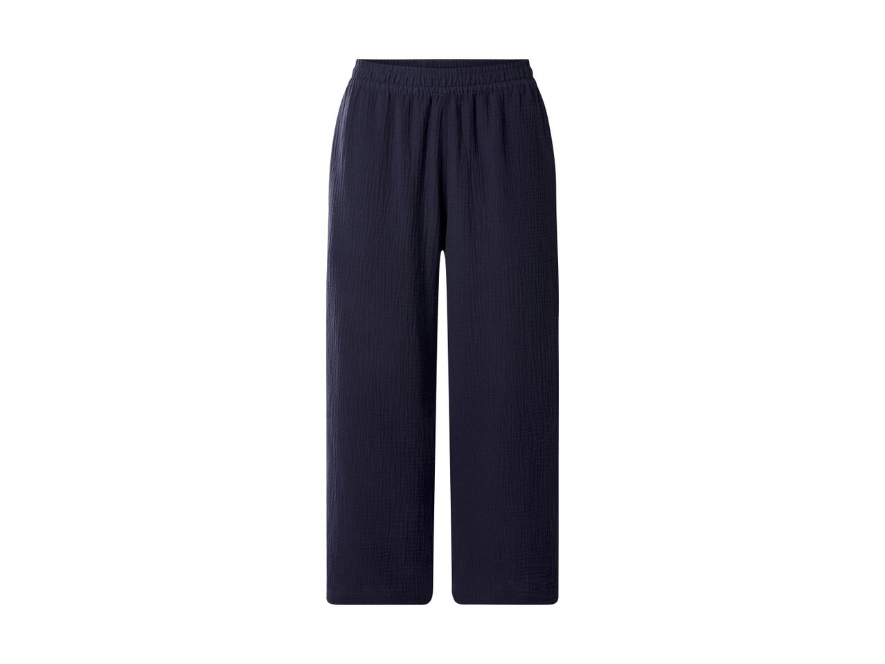 Dark blue wide-leg trousers with an elasticated waist, made from a textured fabric.