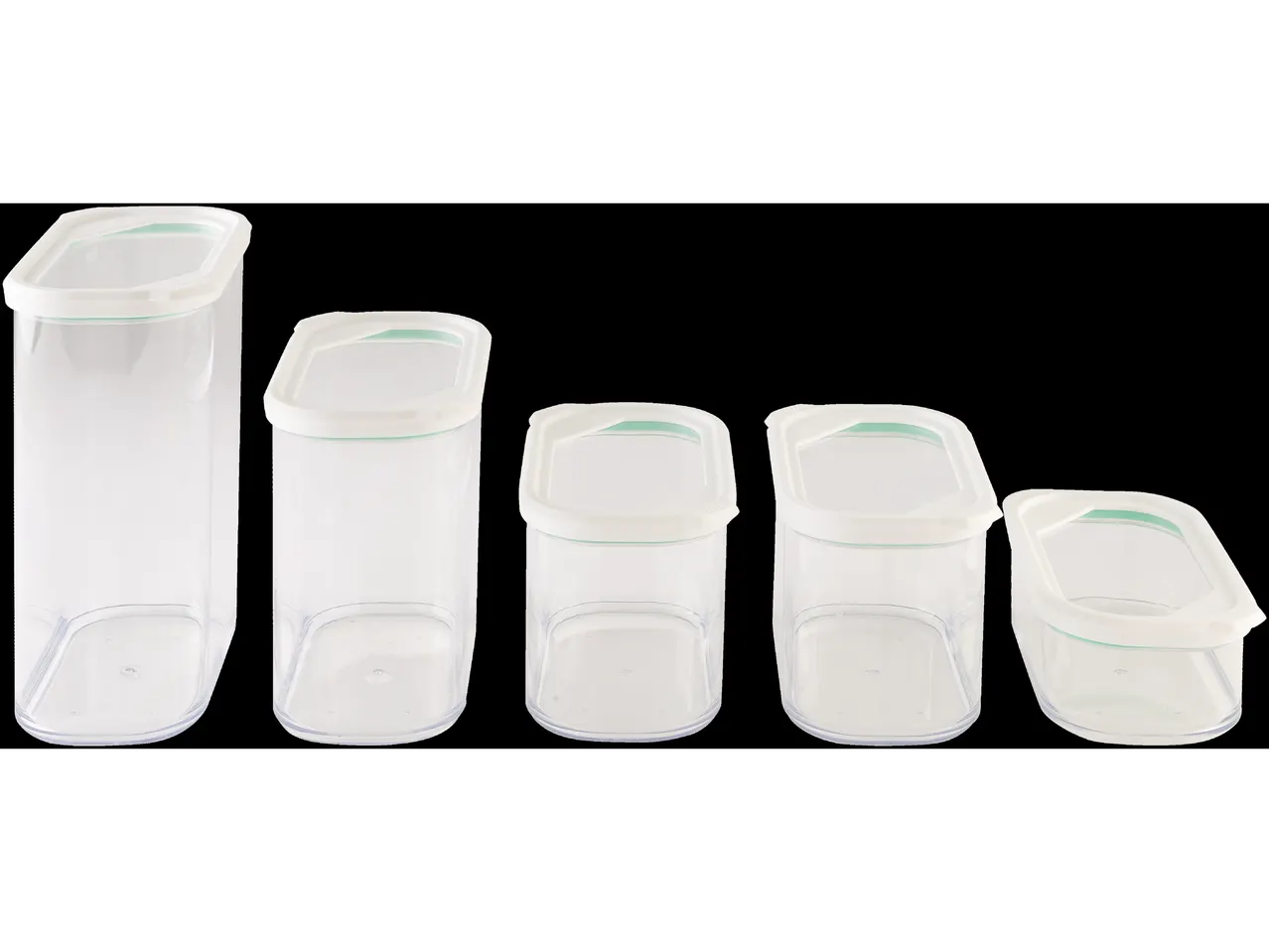 A set of five clear plastic storage containers with white lids, varying in size.