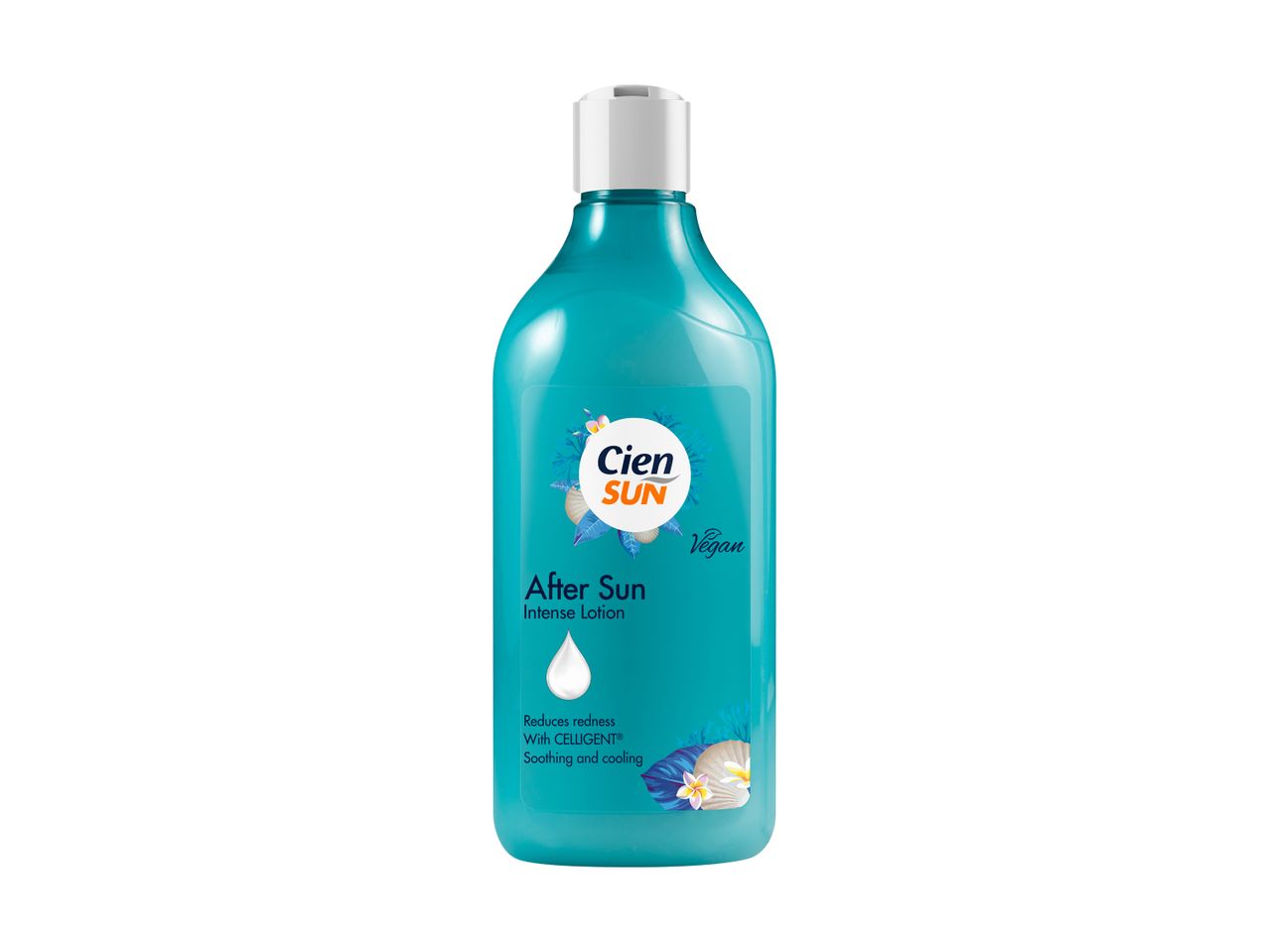 After Sun Intense Lotion in a blue bottle with a white cap, featuring a tropical design and text about reducing redness, soothing, and cooling.