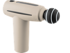 A beige massage gun with a black spherical attachment featuring white glowing rings.