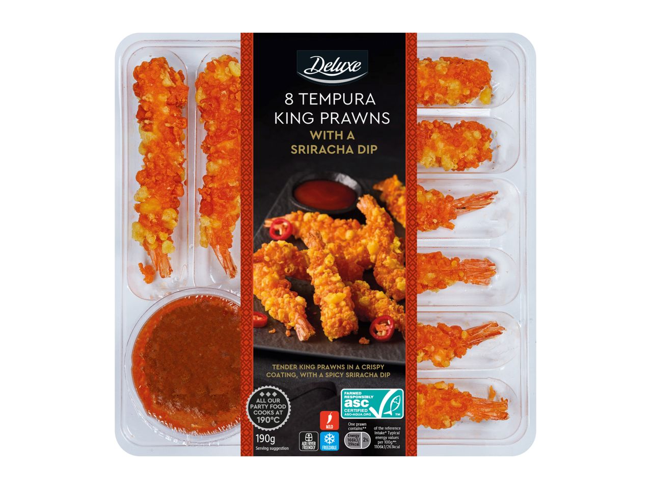 8 tempura king prawns with a sriracha dip in a clear plastic tray.