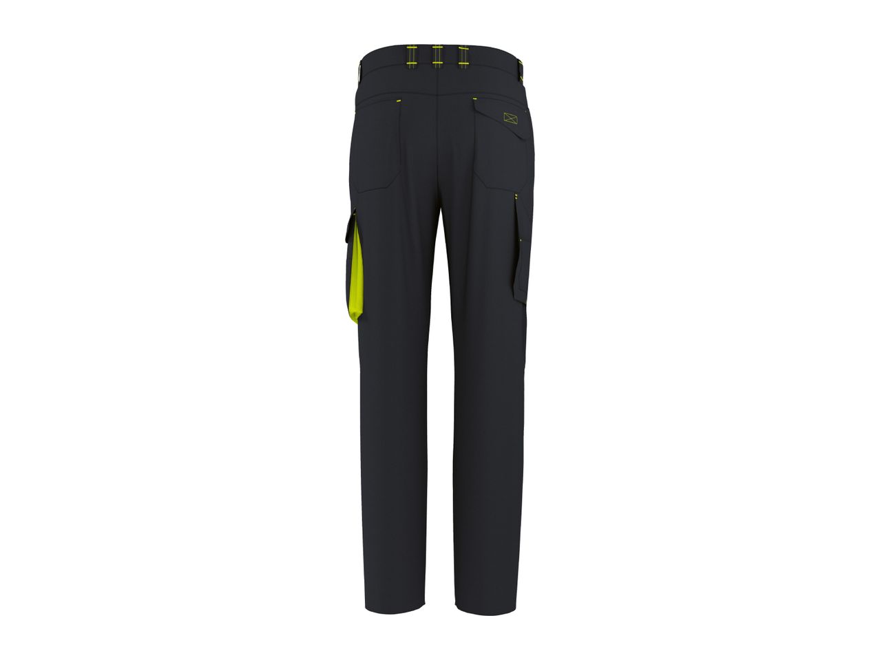 Dark grey work trousers with neon yellow accents and multiple pockets.