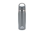 Grey insulated water bottle with a flip-top lid and handle