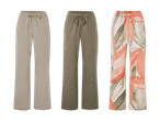 Drei weite Hosen: eine beige, eine olivgrüne und eine mit floralem Muster.