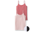 Two kids' vests, one pink and one light pink, with a color swatch.