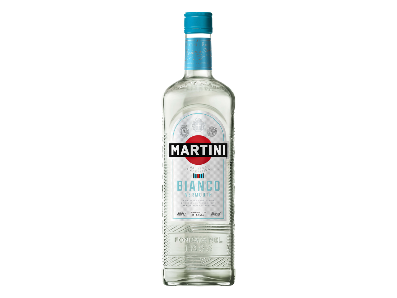 Bouteille de Martini Bianco Vermouth avec un bouchon et une étiquette bleus, affichant le nom de la marque et le type de produit.