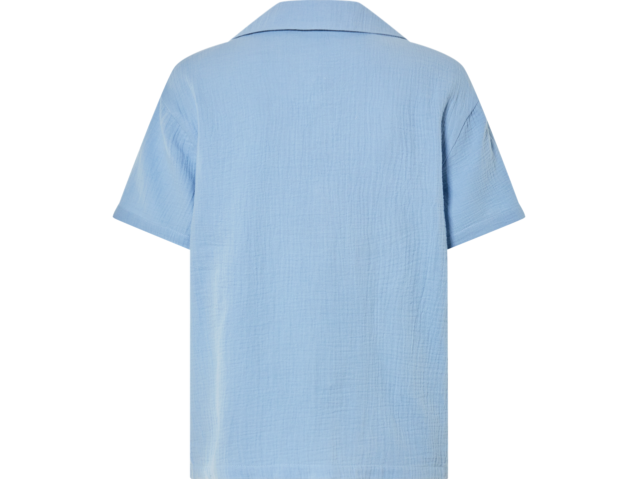 Camisa azul claro de manga curta, vista traseira.