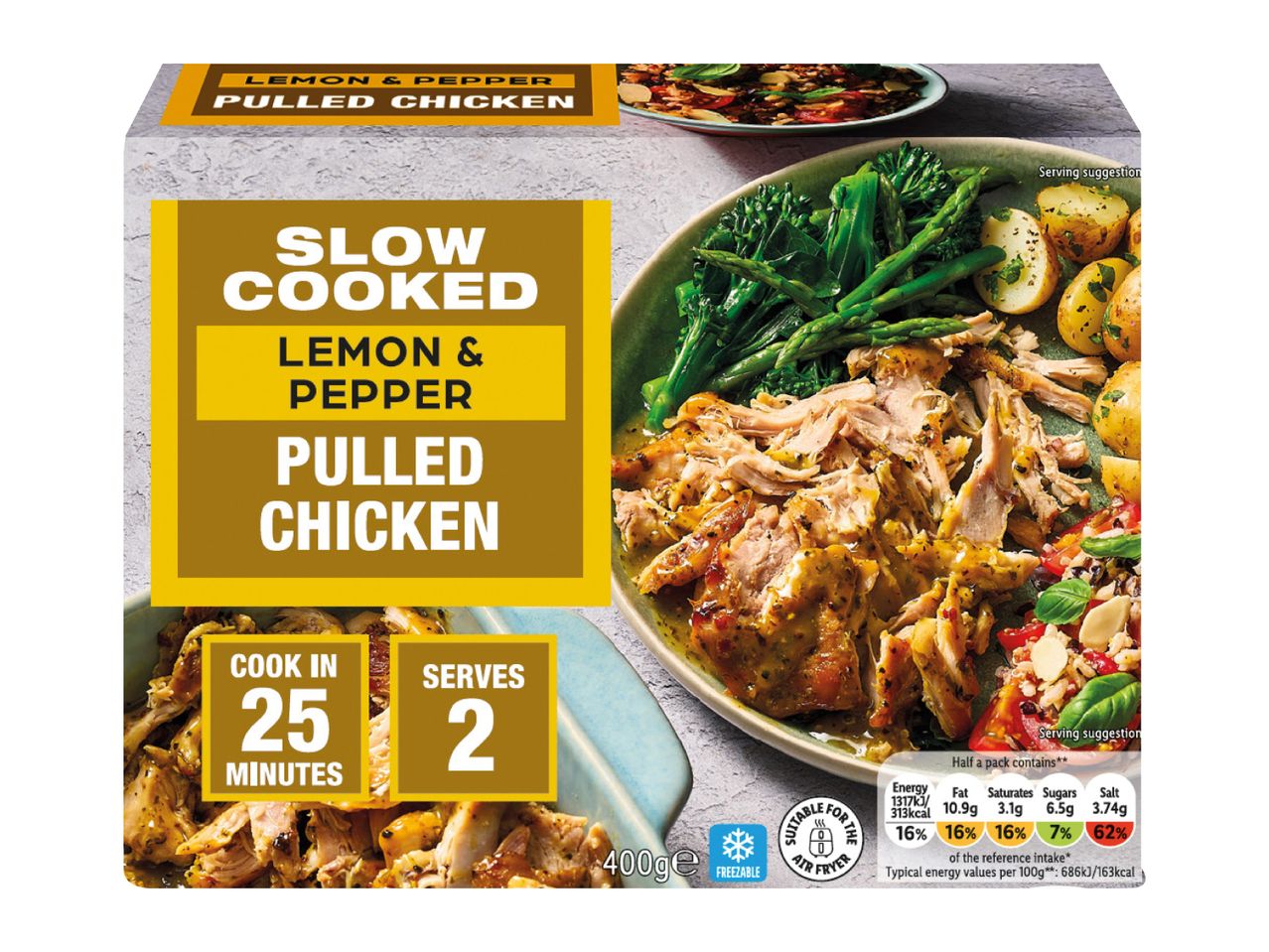 Slow-cooked lemon & pepper pulled chicken, 400g, cooks in 25 minutes, serves 2, with nutritional information.