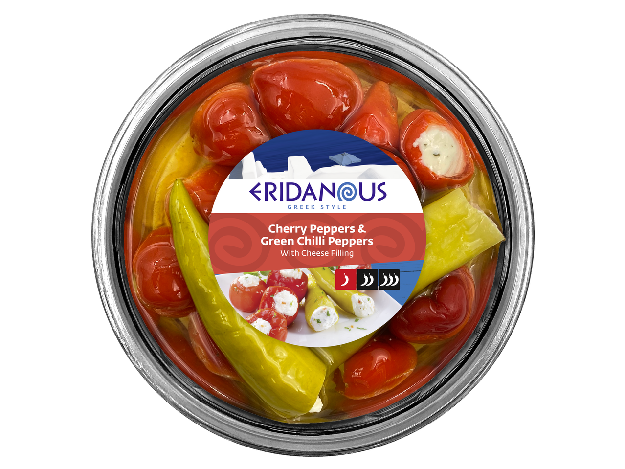 Cherry and green chili peppers with cheese filling in a jar, Greek style.