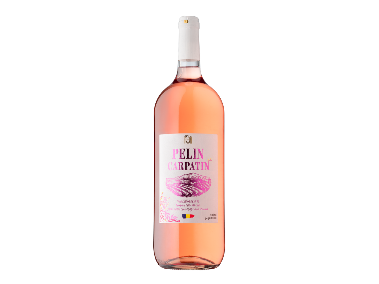 O sticlă de vin rosé Pelin Carpatin, cu etichetă albă și detalii roz, pe un fundal negru.