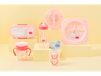 Peppa Pig baby tableware set: plates, cup, bottle, and soothers.