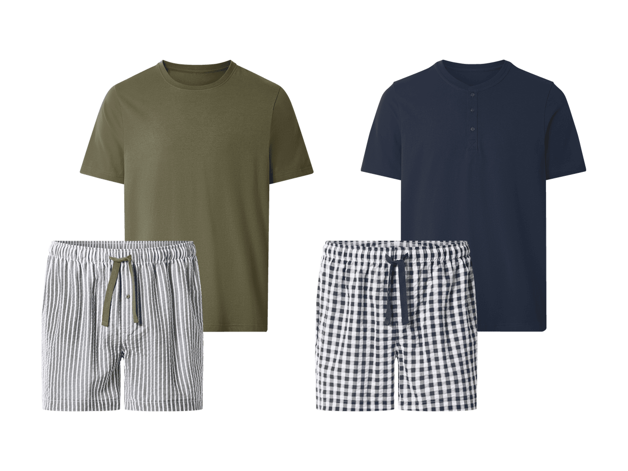 Zwei Herren-Pyjama-Sets: ein olivgrünes T-Shirt mit gestreiften Shorts und ein marineblaues Henley-Shirt mit karierten Shorts.
