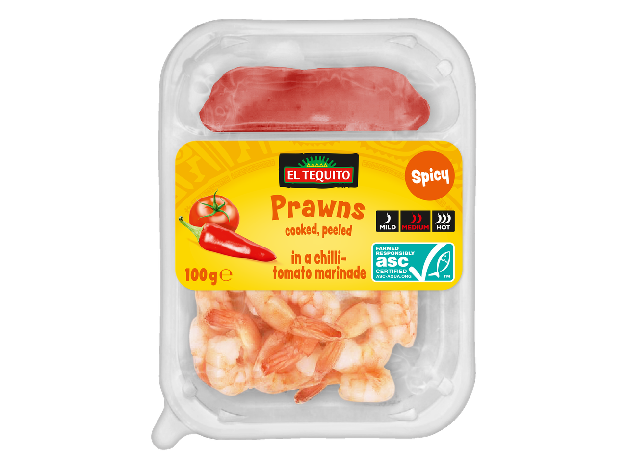 Creveți El Tequito în marinată de ardei iute și roșii, picante.