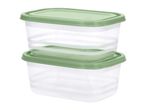 Two clear rectangular food storage containers with light green lids, stacked on top of each other.