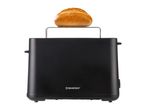 Black toaster with a bread roll on top, isolated on a white background.