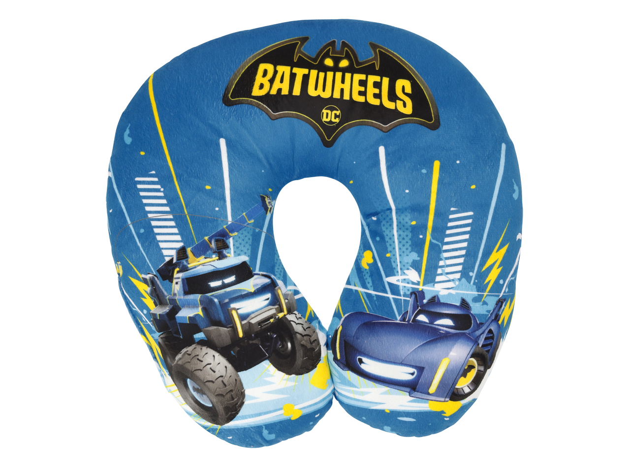 Синя възглавница за врат с логото на Batwheels и две колички.