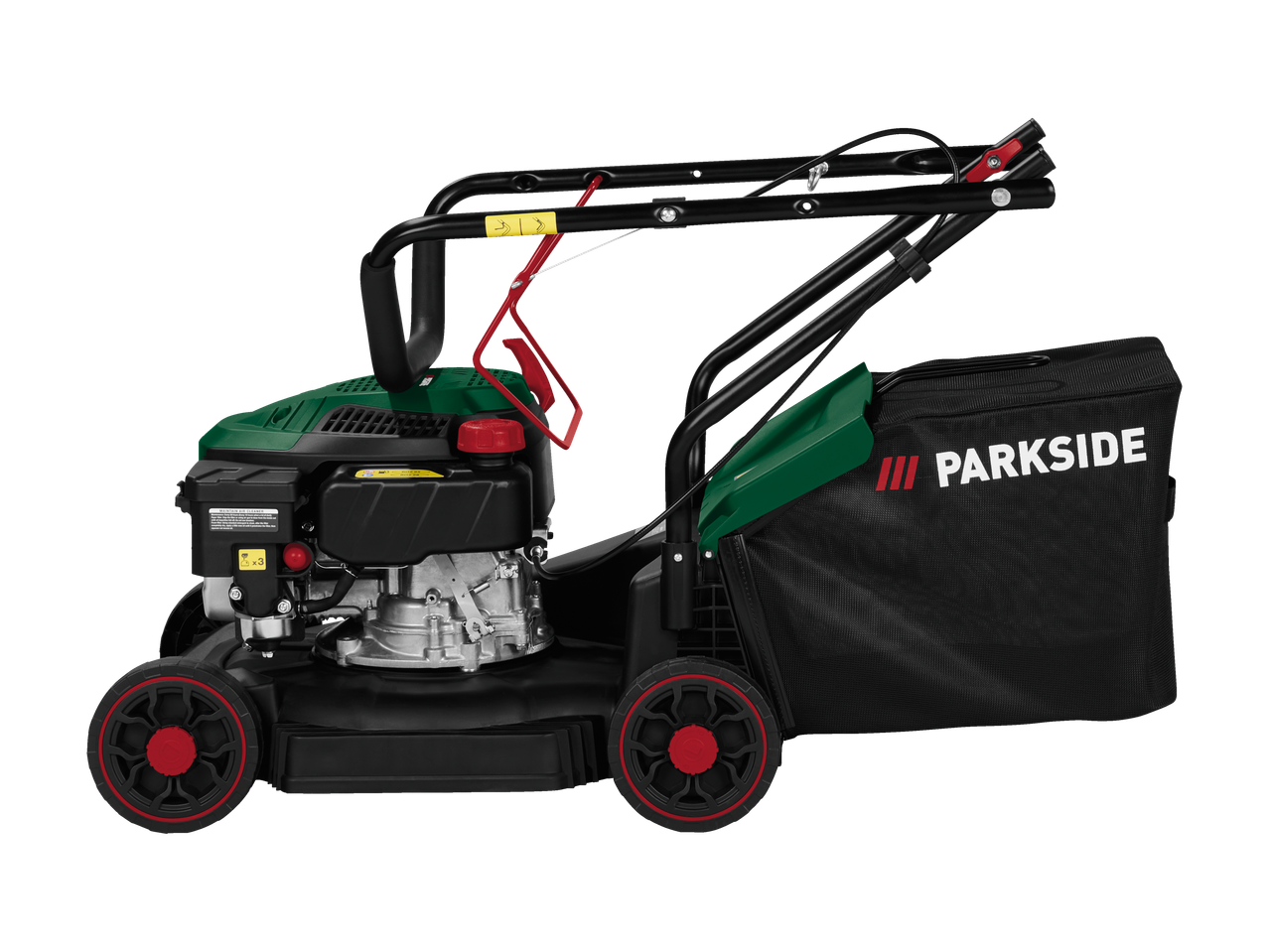 Parkside benzīna zāles pļāvējs ar melnu savākšanas maisu.