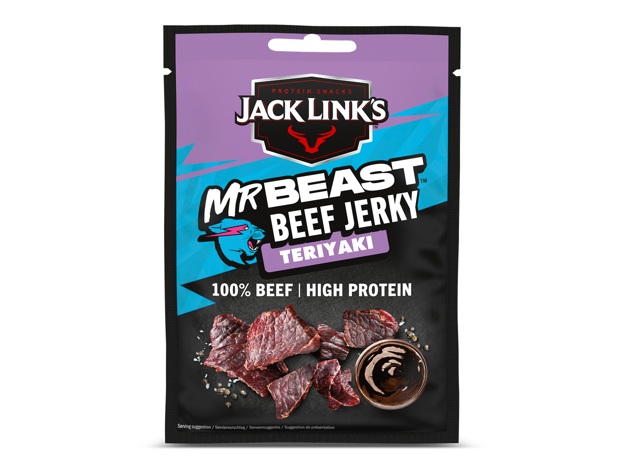 Paarse en blauwe verpakking van teriyaki beef jerky met de tekst '100% BEEF | HIGH PROTEIN'.