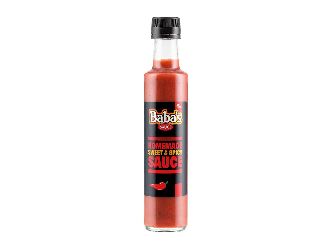 A bottle of homemade sweet and spicy sauce with a black label and a red chili pepper icon.