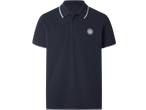 Tricou polo bleumarin cu guler și mâneci cu dungi albe, având o emblemă nautică.