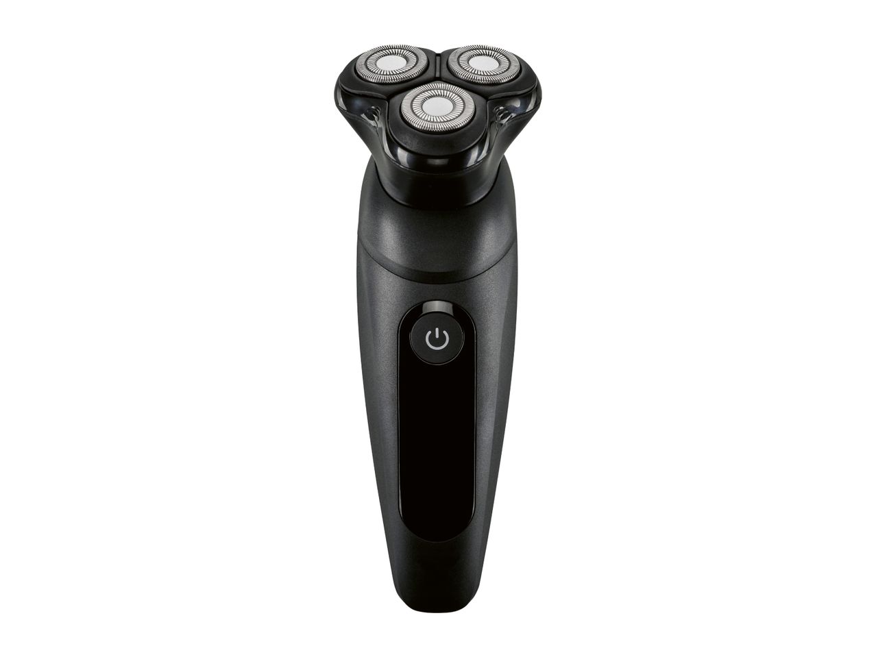 Black electric rotary shaver with three shaving heads and a power button