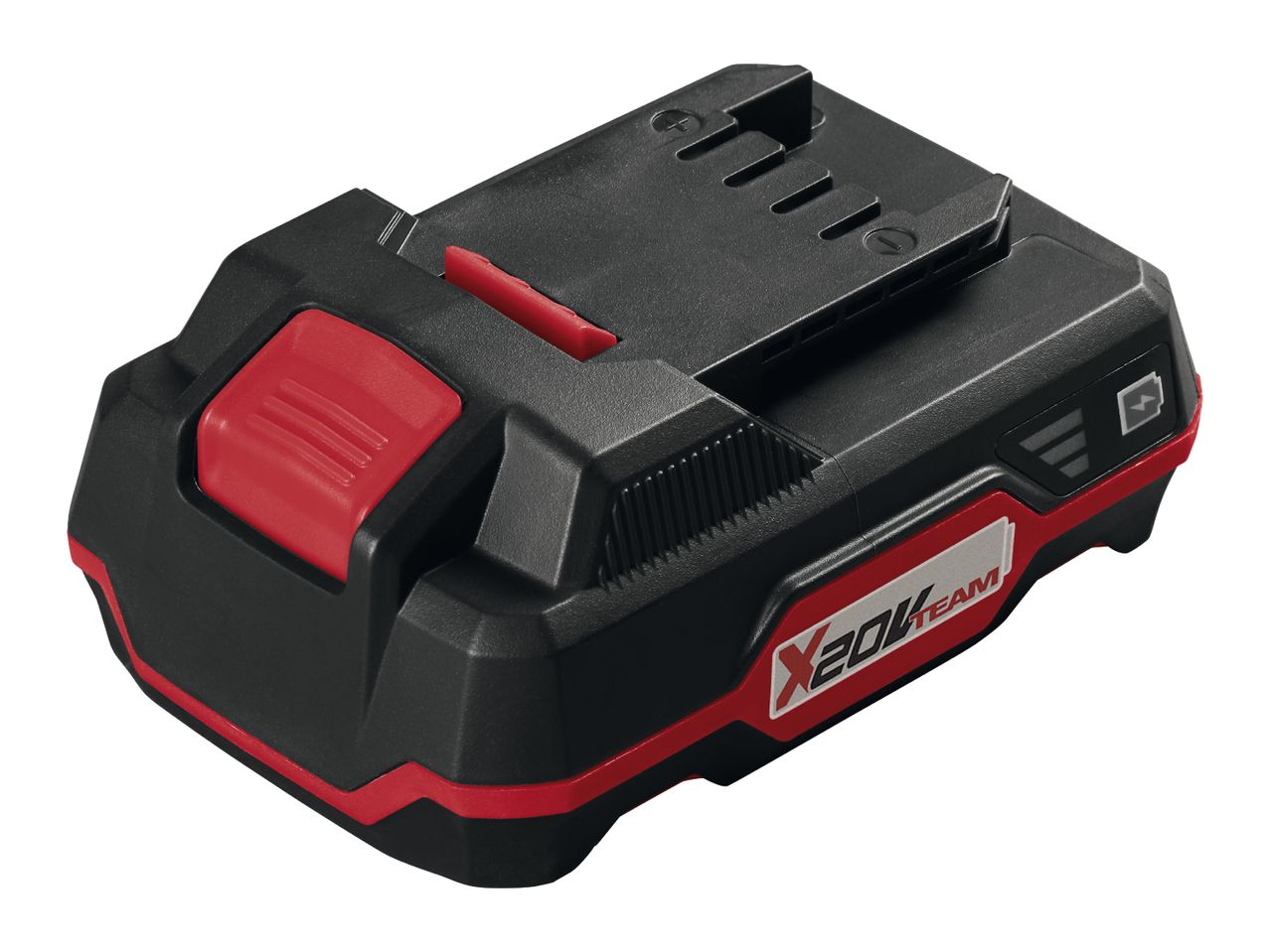 A black and red power tool battery pack with a charge indicator and release button.