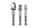 Three silver socket adapters with hex shanks, varying in size from 1/2 inch to 1/4 inch.
