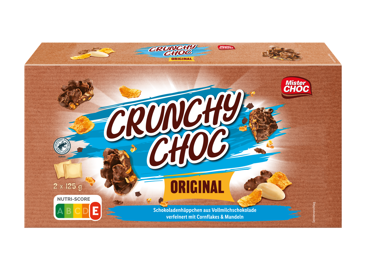 Mister Choc Crunchy Choc Original, Vollmilchschokoladenhäppchen mit Cornflakes & Mandeln, Nutri-Score E
