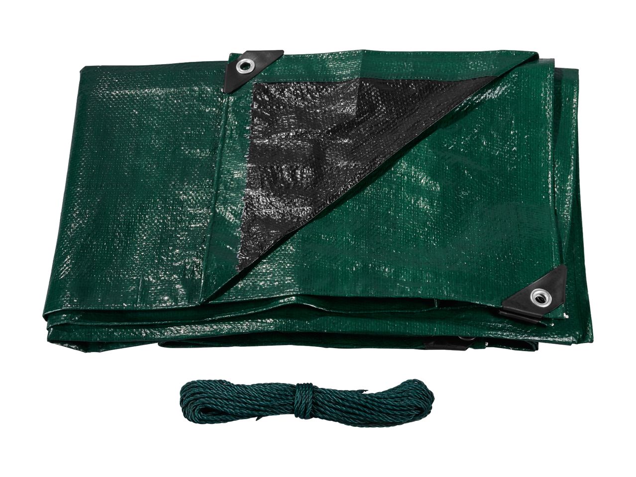 Folded green tarp with black reinforced corners and a coiled green rope.