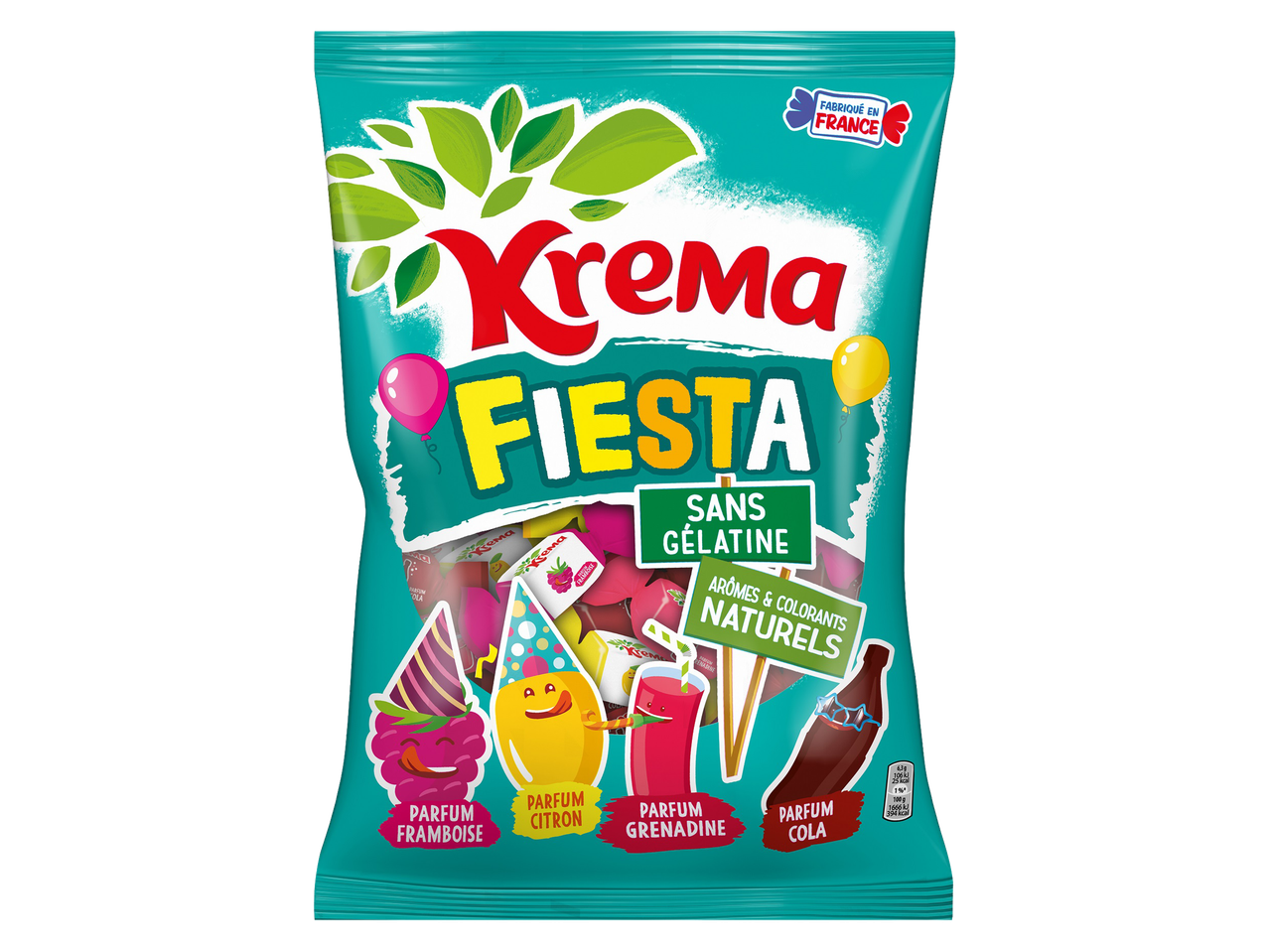 Sachet de bonbons aux fruits sans gélatine, avec des arômes naturels et fabriqué en France.