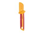 Orange and red utility knife with a textured handle and a blade symbol on the sheath.