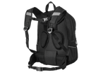 Mochila preta para crianças com alças acolchoadas e detalhes refletivos.