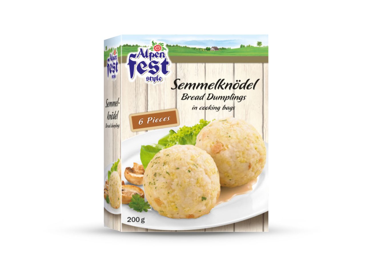 Kutija Alpen Fest Semmelknödel (krušne okruglice) s natpisom '6 komada' i '200 g'.