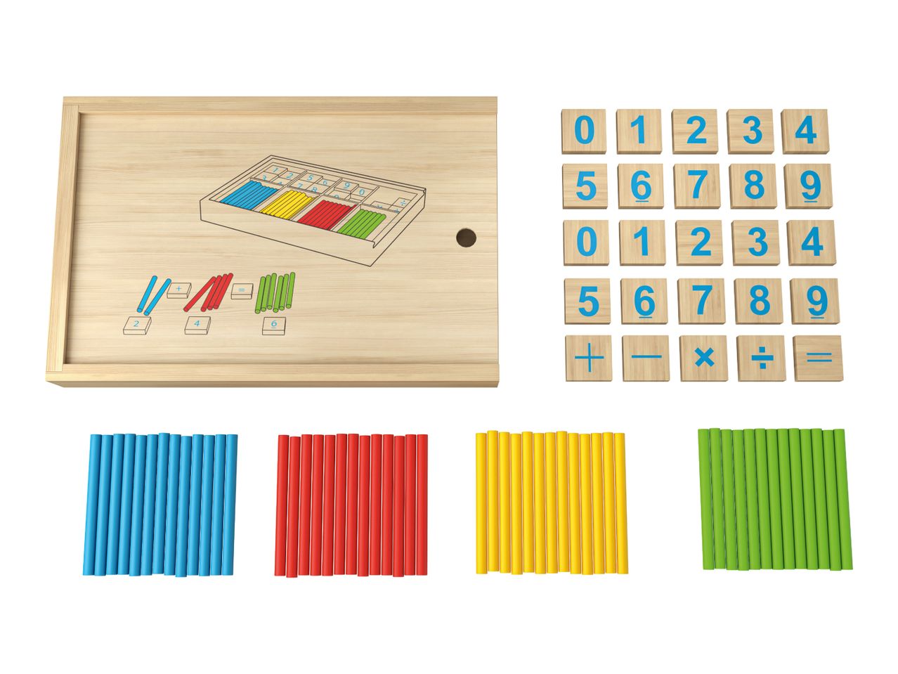 A wooden math learning set with counting sticks and number tiles.